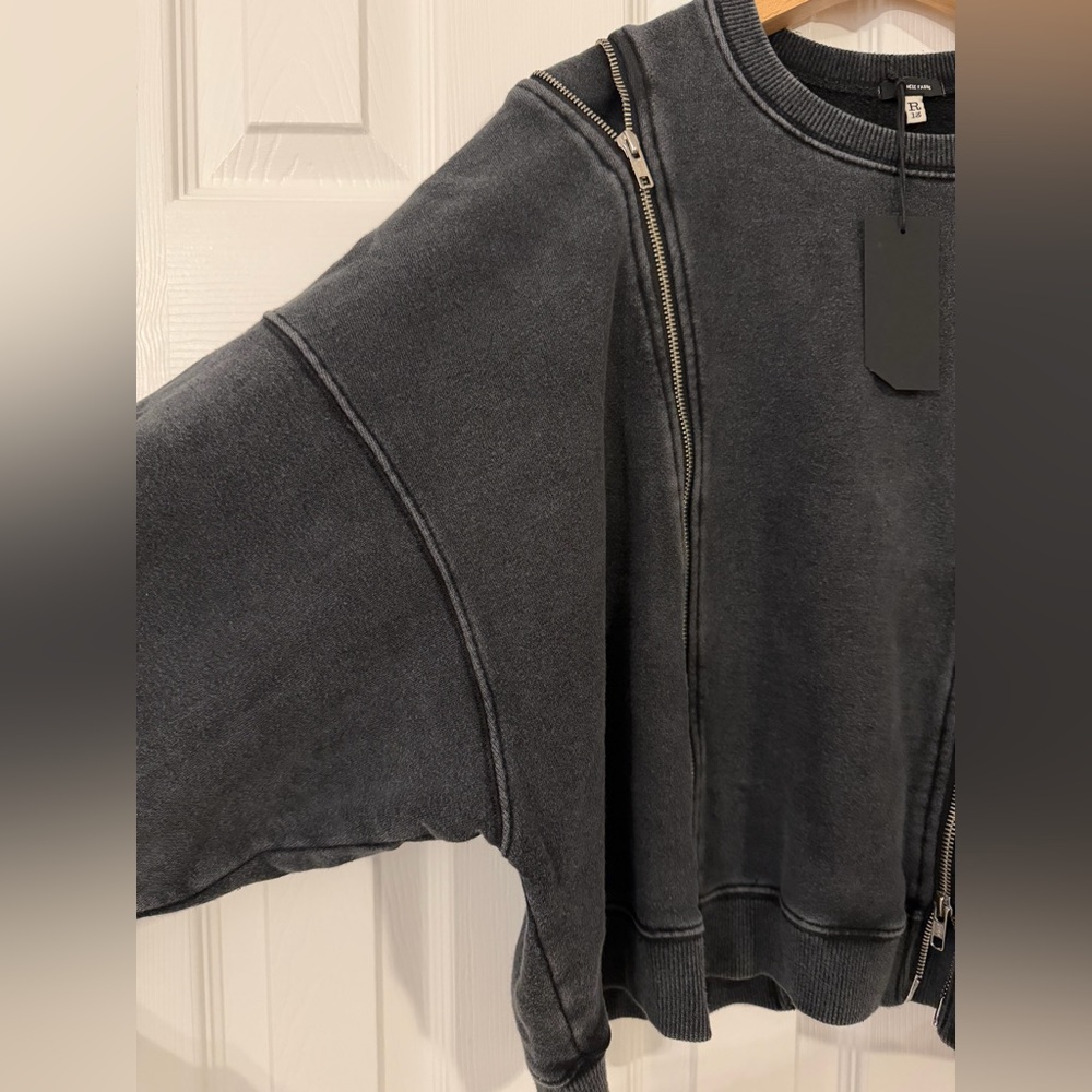 R13 Zippered Crewneck Sweatshirt in Washed Black - size M - Picture 10 of 12